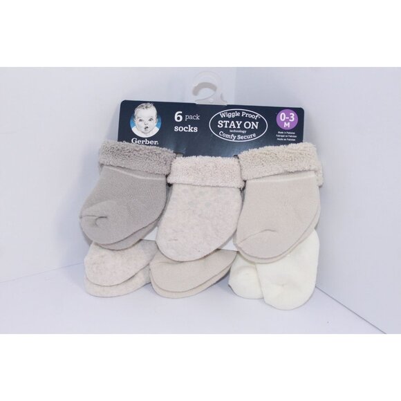 Gerber Wiggle Proof Stay On Infant Bootie Socks 3-6 Months Beige Gray 6 Pack - Picture 7 of 7